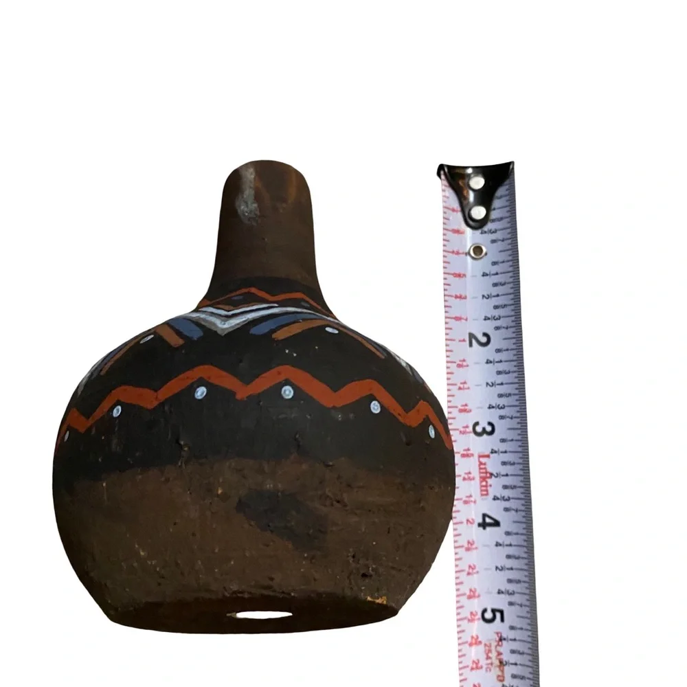 Vintage Brown Clay Bud‎ Vase Colorful Hand Painted Southwestern Aztec